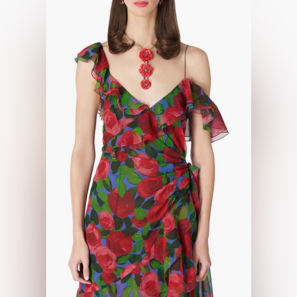 NWT $3990 Carolina Herrera Rose Print Ruffle One Shoulder Silk Gown in size 6! - Picture 3 of 4
